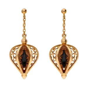 Rose Gold Plated Sterling Silver Whitby Jet Flore Filigree Drop Earrings
