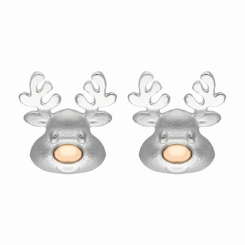 Rose Gold Plated Sterling Silver Reindeer Face Stud Earrings
