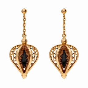 Rose Gold Plated Sterling Silver Whitby Jet Flore Filigree Drop Earrings