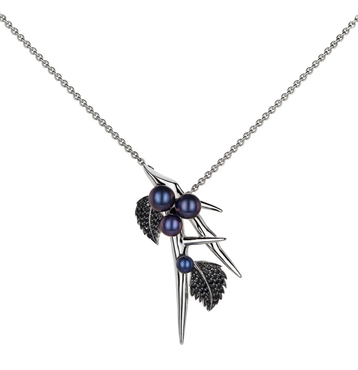 Shaun Leane Blackthorn Sterling Silver Black Spinel Pearl Drop Leaf Pendant