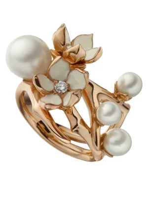 Shaun Leane Cherry Blossom 18ct Rose Gold Plated Sterling Silver 0.10ct Diamond Pearl Flower Ring