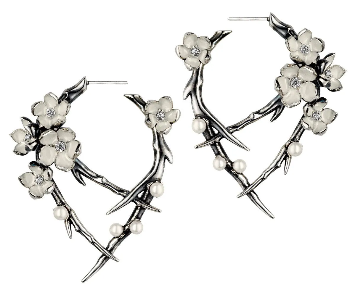Shaun Leane Cherry Blossom Sterling Silver 0.54ct Diamond Pearl Hoop Earrings