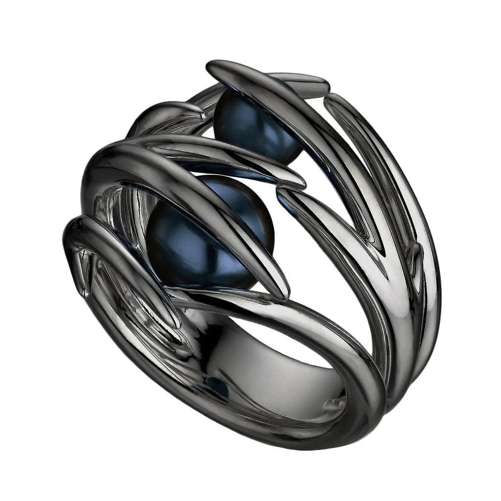 Shaun Leane Sterling Silver Black Rhodium Double Hooked Pearl Ring