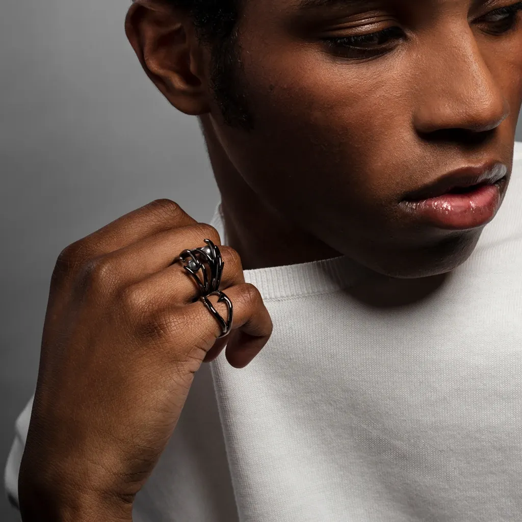 Shaun Leane Sterling Silver Black Rhodium Double Hooked Pearl Ring