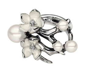 Shaun Leane Cherry Blossom Sterling Silver 0.10ct Diamond Pearl Flower Ring