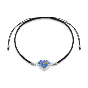 Shrieking Violet Sterling Silver Black Woven Forget Me Not Heart Charm Bracelet
