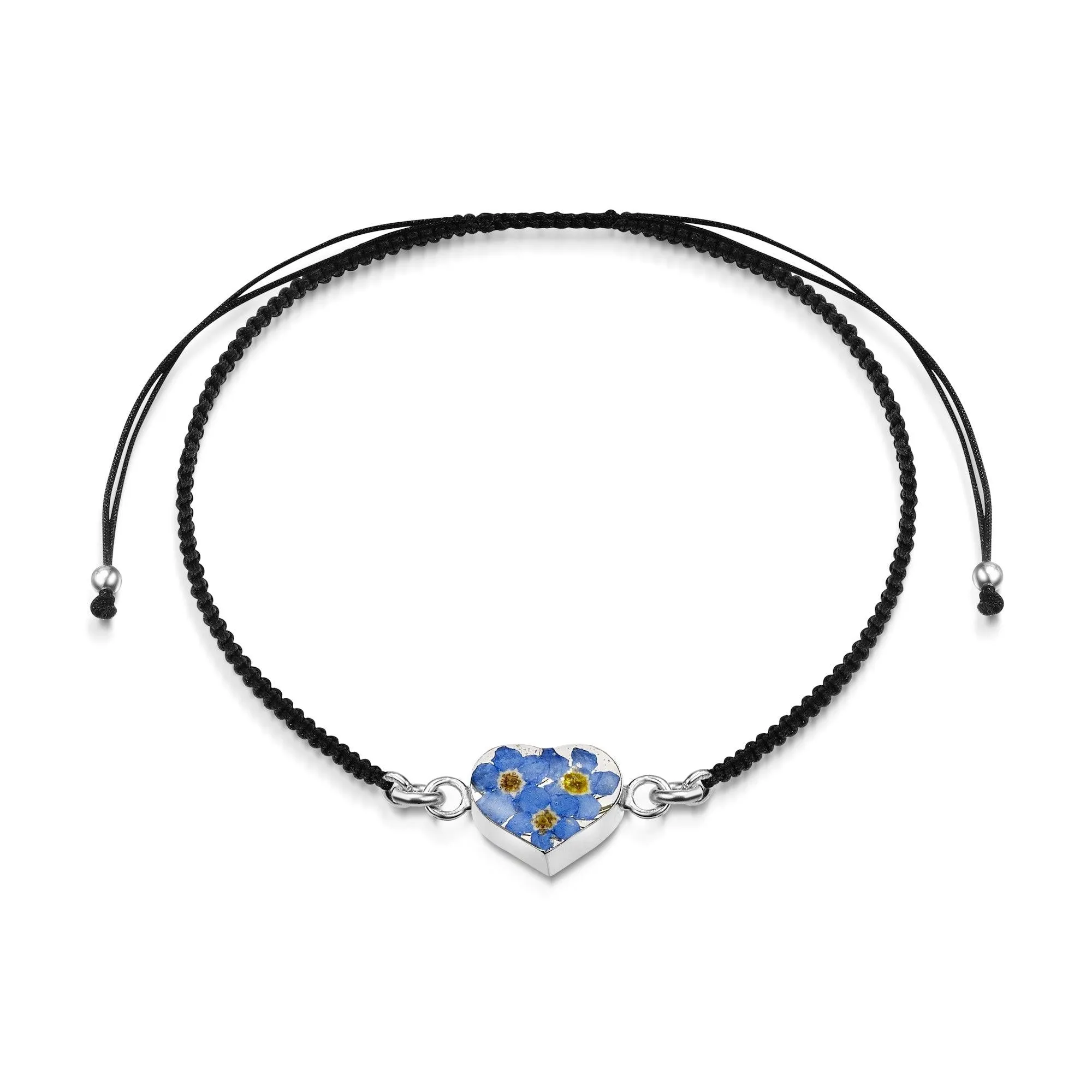 Shrieking Violet Sterling Silver Black Woven Forget Me Not Heart Charm Bracelet
