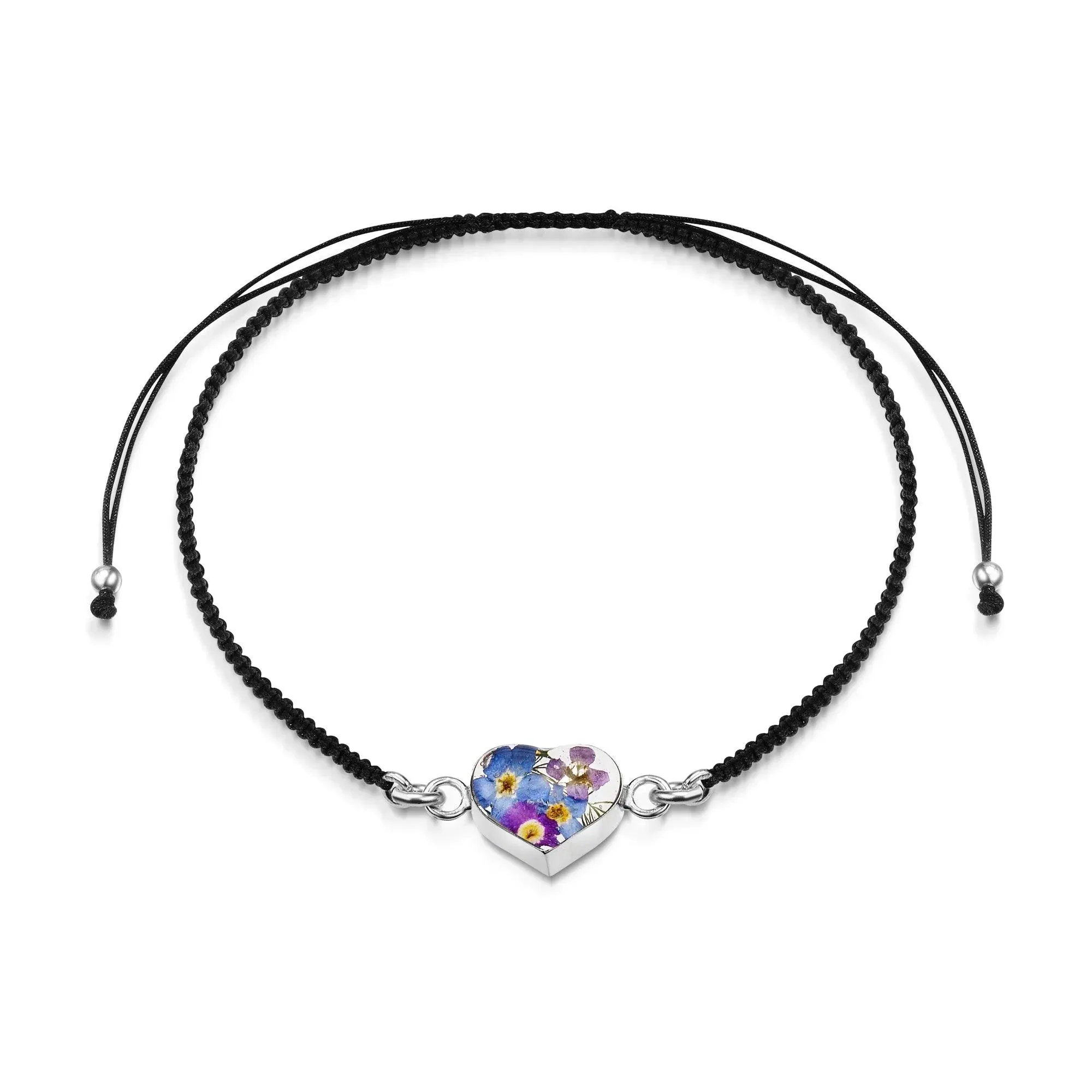 Shrieking Violet Sterling Silver Black Woven Forget Me Not Heart Charm Bracelet