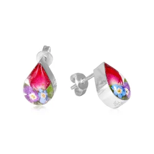 Shrieking Violet Sterling Silver Mixed Flower Peardrop Stud Earrings