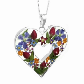 Shrieking Violet Pendant Mixed Flowers Double Heart Silver
