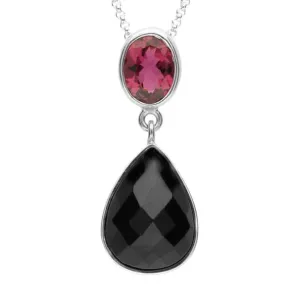 Silver Whitby Jet and Pink Tourmaline Faceted Pear Necklace