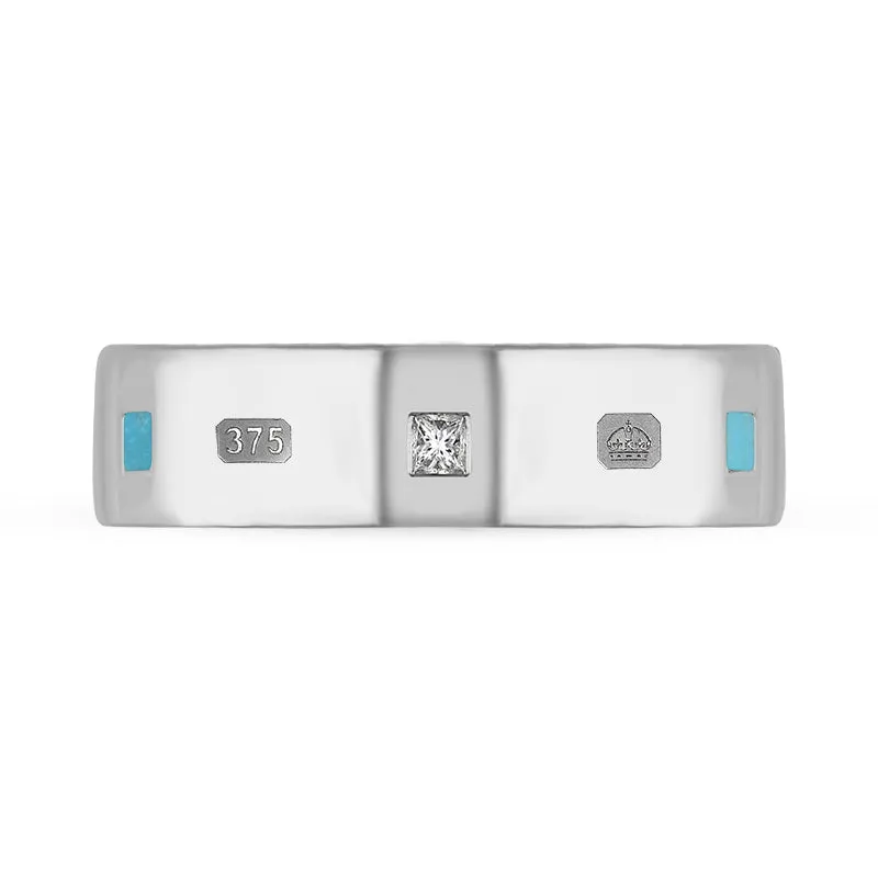 Sterling Silver 0.18ct Diamond Turquoise King's Coronation Hallmark Princess Cut 6mm Ring D