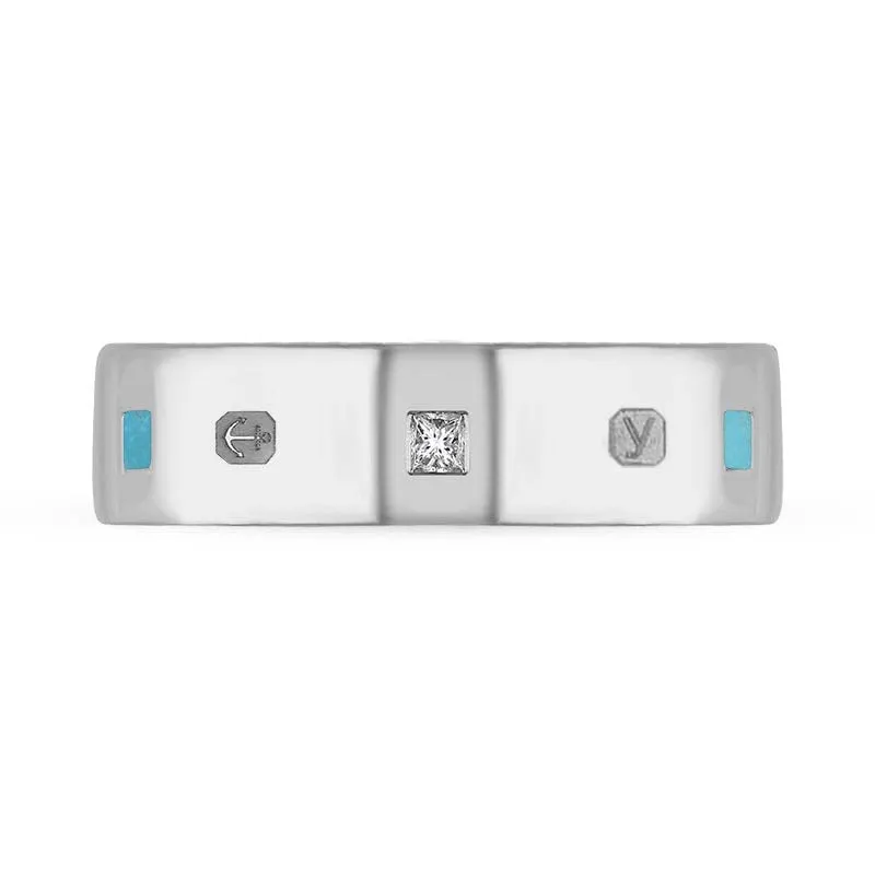 Sterling Silver 0.18ct Diamond Turquoise King's Coronation Hallmark Princess Cut 6mm Ring D
