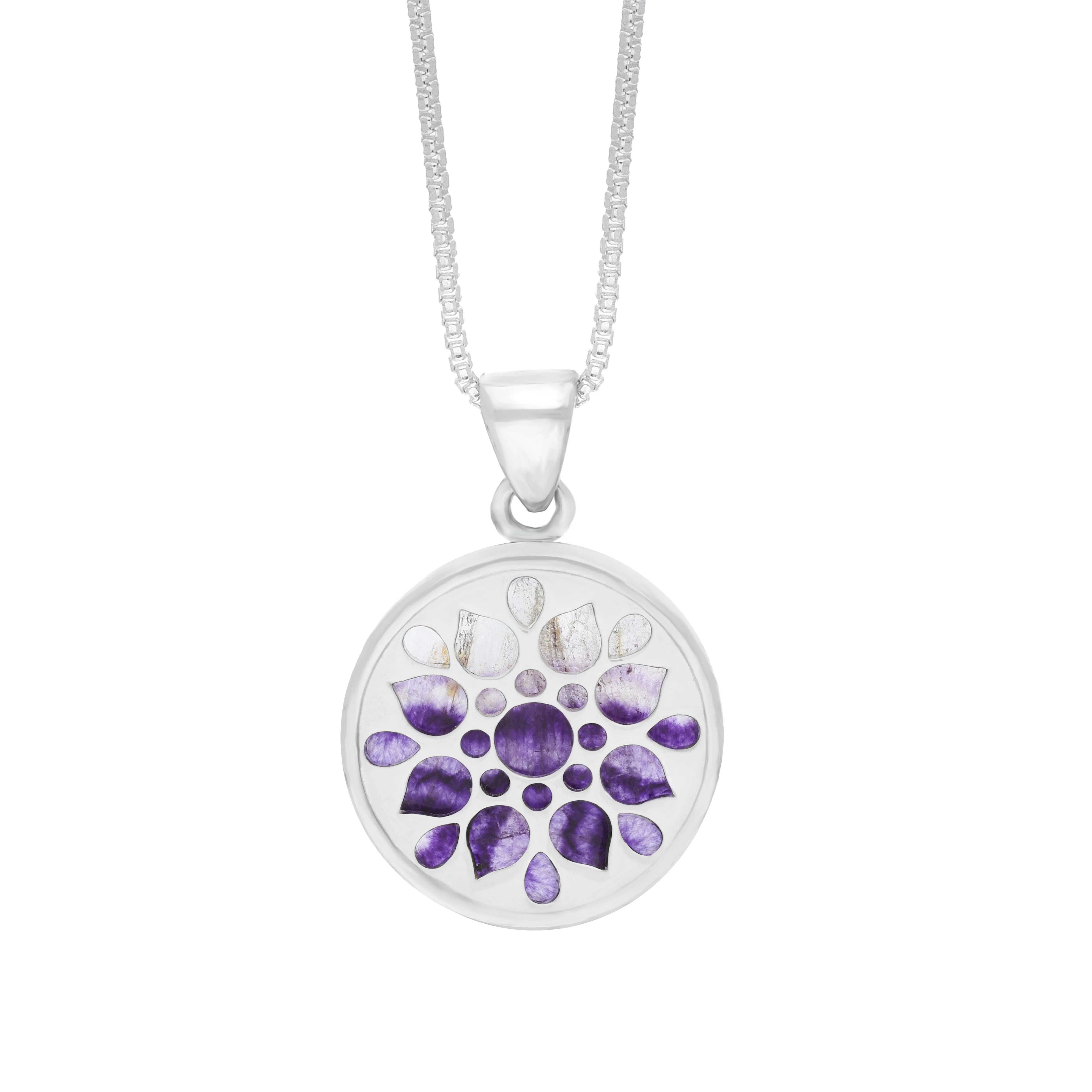 Sterling Silver 17mm Blue John Chatsworth Dcor Round Flower Burst Pendant