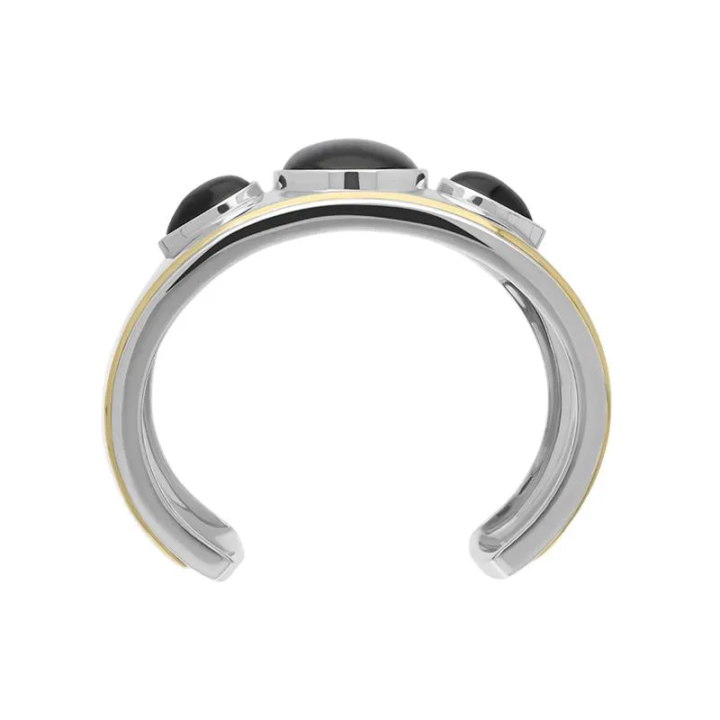Sterling Silver 18ct Yellow Gold Whitby Jet Oval Pear Stone Wide Cuff Bangle D