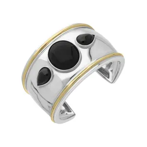Sterling Silver 18ct Yellow Gold Whitby Jet Oval Pear Stone Wide Cuff Bangle D