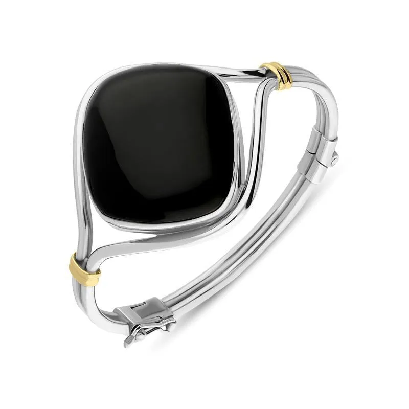 Sterling Silver 18ct Yellow Gold Whitby Jet Square Hinged Bangle