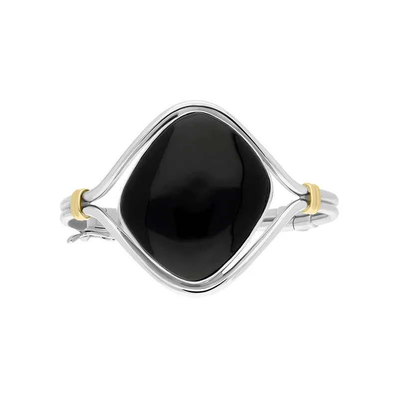 Sterling Silver 18ct Yellow Gold Whitby Jet Square Hinged Bangle