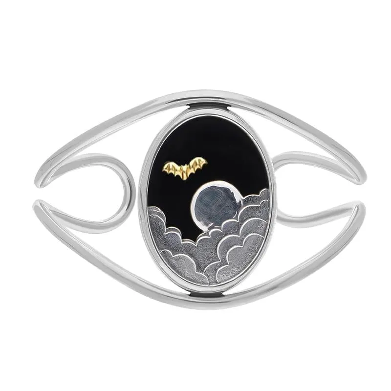 Sterling Silver 9ct Yellow Gold Whitby Jet Moon Cloud Bat Cuff Bangle
