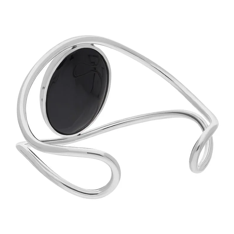 Sterling Silver 9ct Yellow Gold Whitby Jet Moon Wave Bat Cuff Bangle