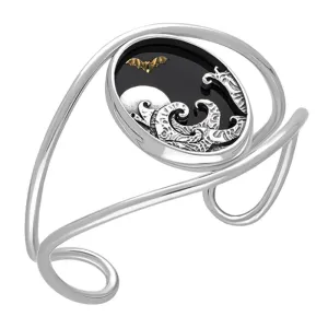 Sterling Silver 9ct Yellow Gold Whitby Jet Moon Wave Bat Cuff Bangle
