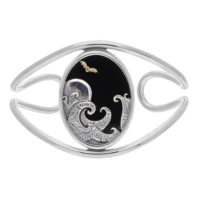 Sterling Silver 9ct Yellow Gold Whitby Jet Moon Wave Bat Cuff Bangle