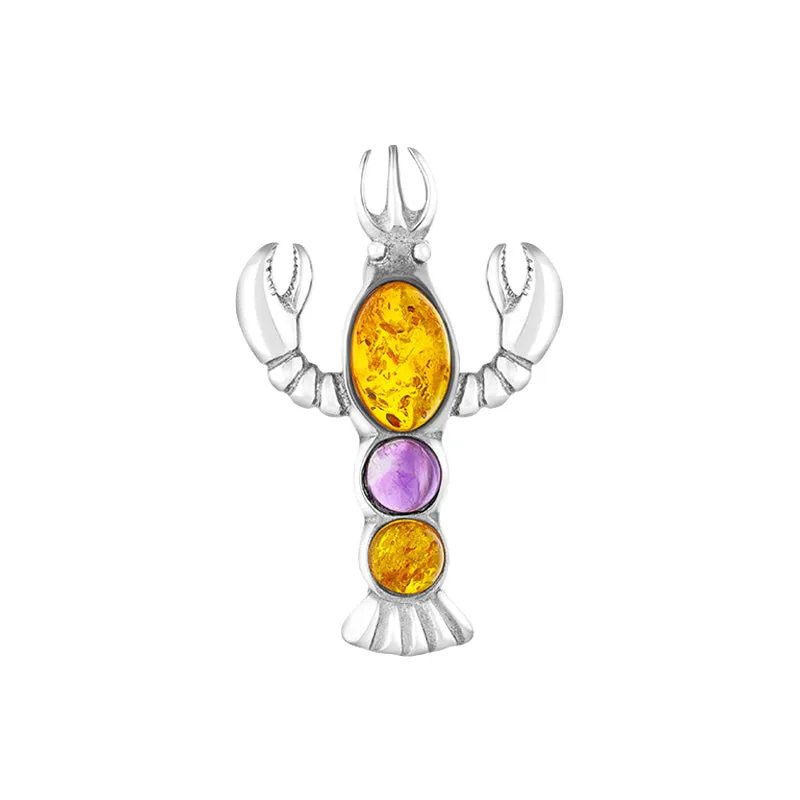 Sterling Silver Amber Amethyst Lobster Brooch