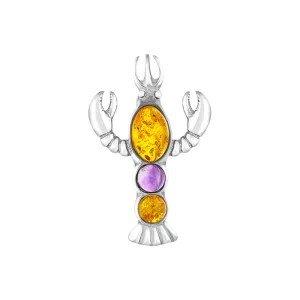 Sterling Silver Amber Amethyst Lobster Brooch