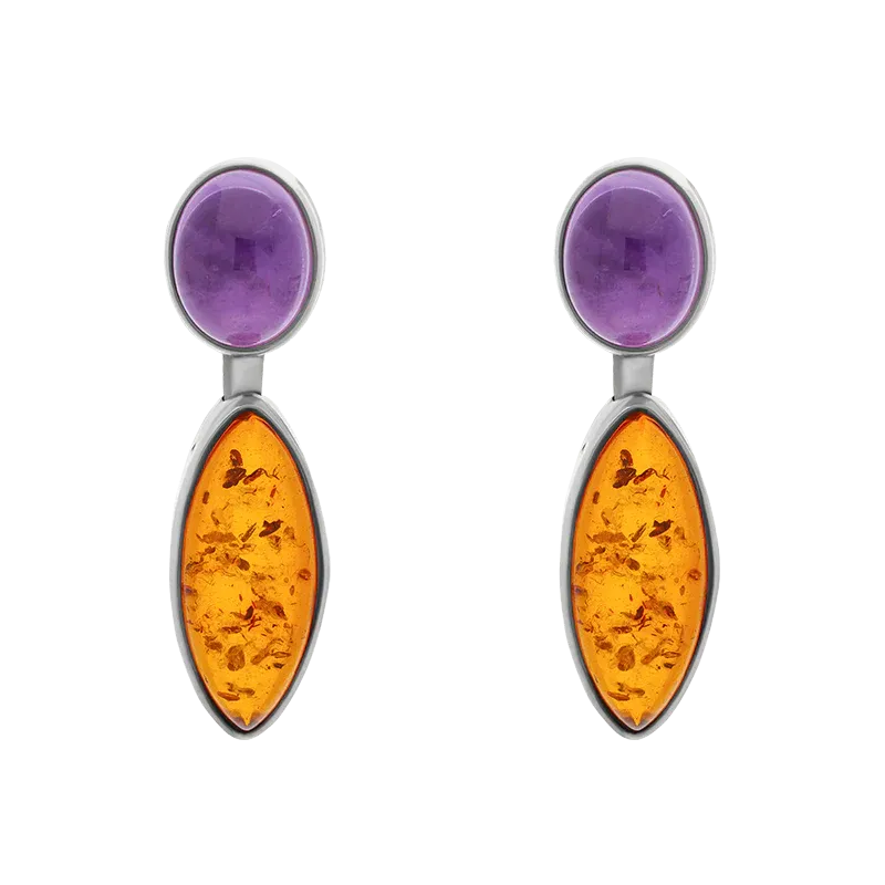 Sterling Silver Amber Amethyst Oval Top Marquise Drop Stud Earrings D