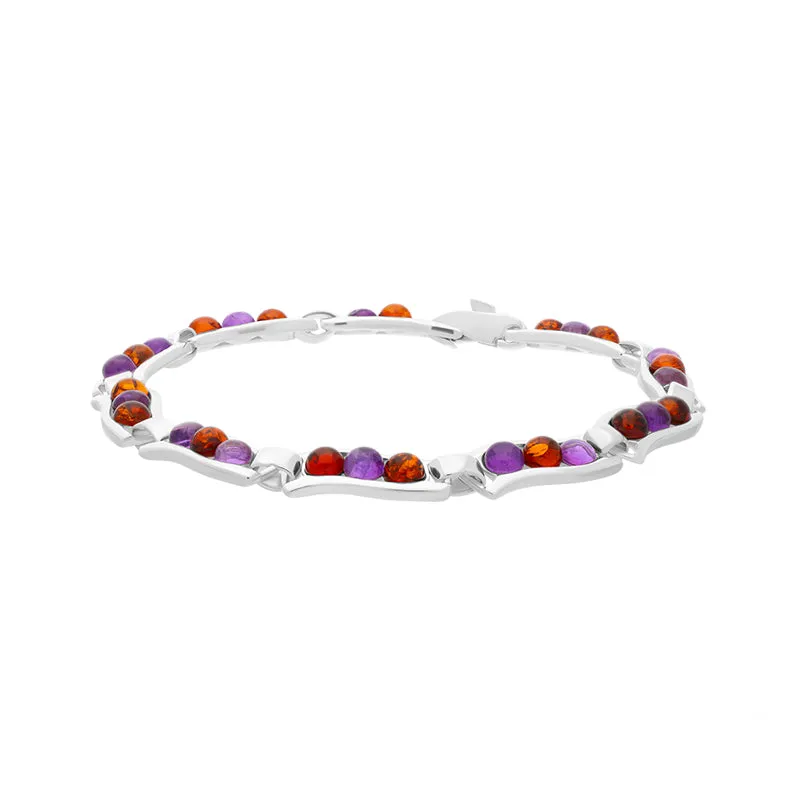 Sterling Silver Amber Amethyst Round Ten Stone Wavy Link Bracelet D