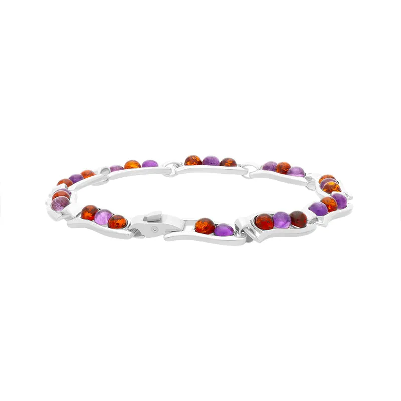 Sterling Silver Amber Amethyst Round Ten Stone Wavy Link Bracelet D