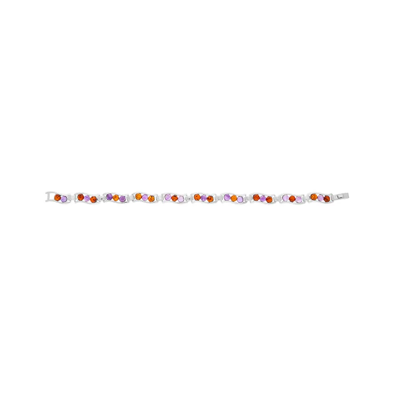 Sterling Silver Amber Amethyst Round Ten Stone Wavy Link Bracelet D