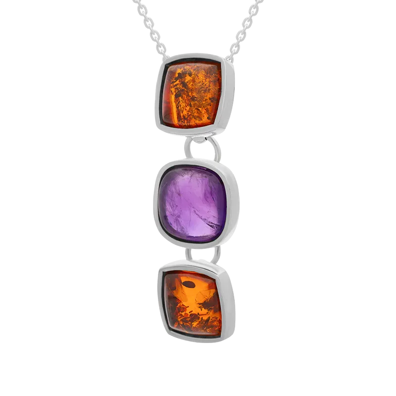 Sterling Silver Amber Amethyst Three Cushion Drop Necklace D
