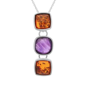 Sterling Silver Amber Amethyst Three Cushion Drop Necklace D