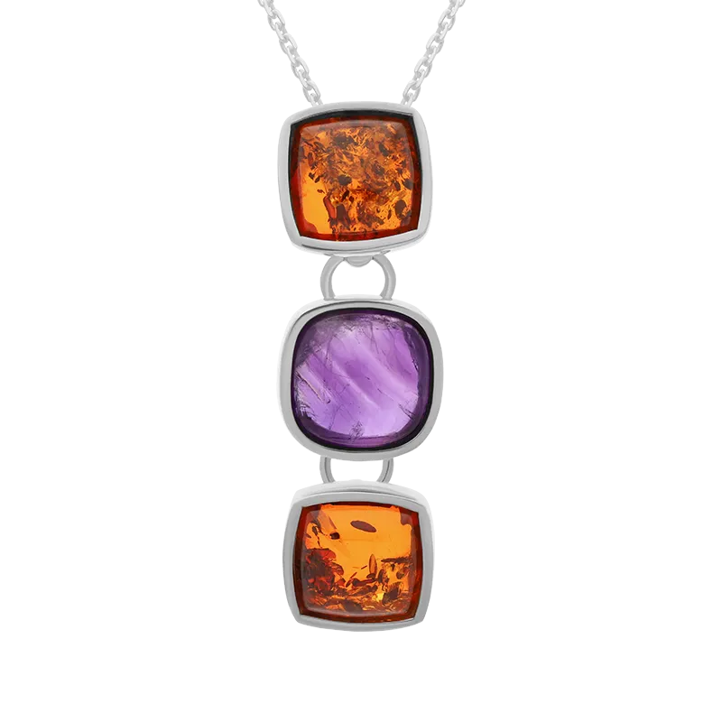 Sterling Silver Amber Amethyst Three Cushion Drop Necklace D