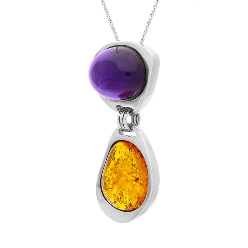 Sterling Silver Amber Amethyst Two Stone Drop Necklace