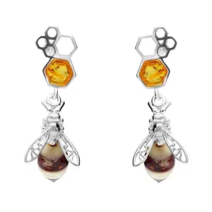 Sterling Silver Amber Bee Honeycomb Drop Earrings