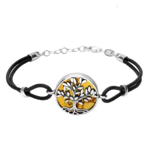 Sterling Silver Amber Cord Round Large Leaves Tree of Life Bracelet