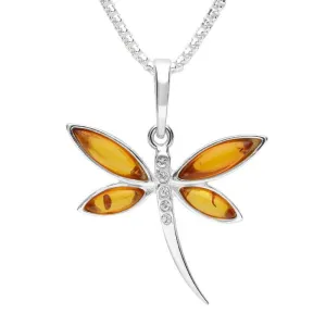 Sterling Silver Amber Cubic Zirconia Dragonfly Necklace