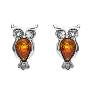 Sterling Silver Amber Cubic Zirconia Owl Stud Earrings