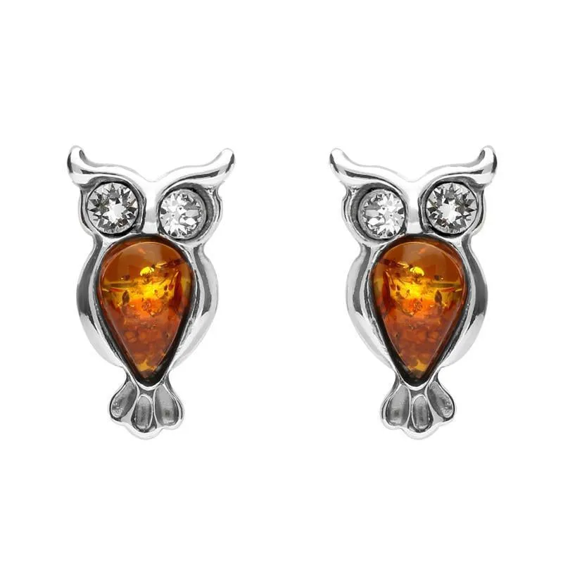 Sterling Silver Amber Cubic Zirconia Owl Stud Earrings