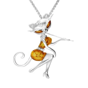 Sterling Silver Amber Cubic Zirconia Small Lady Cat Necklace