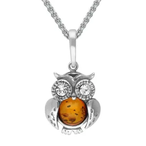 Sterling Silver Amber Cubic Zirconia Tiny Owl Necklace