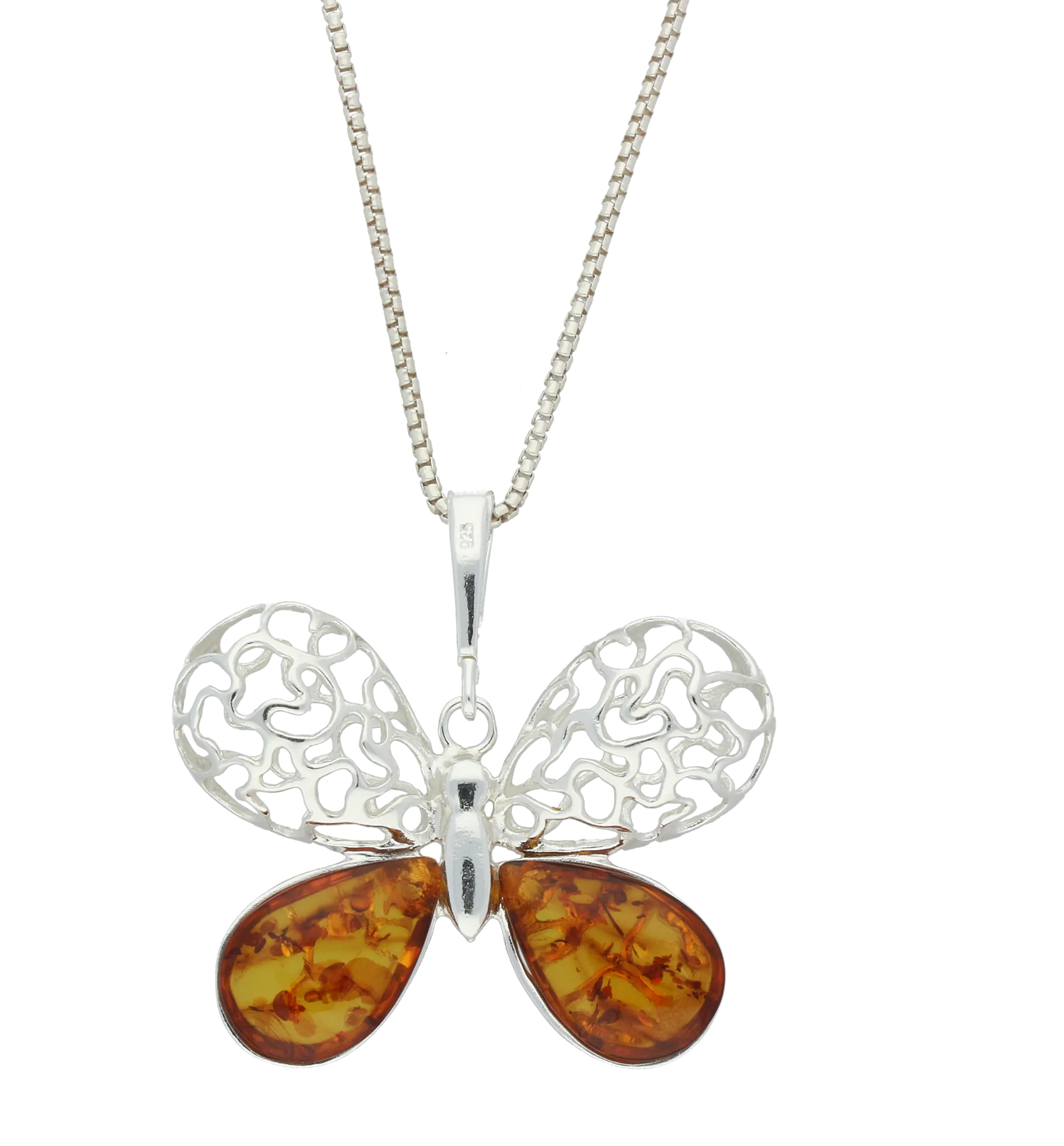 Sterling Silver Amber Filigree Butterfly Necklace
