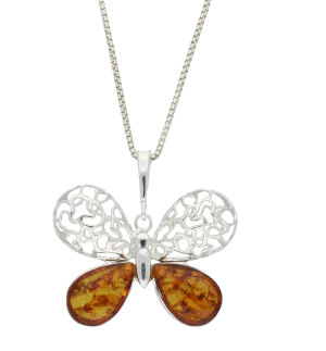 Sterling Silver Amber Filigree Butterfly Necklace