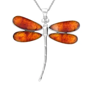 Sterling Silver Amber Four Stone Large Dragonfly Necklace