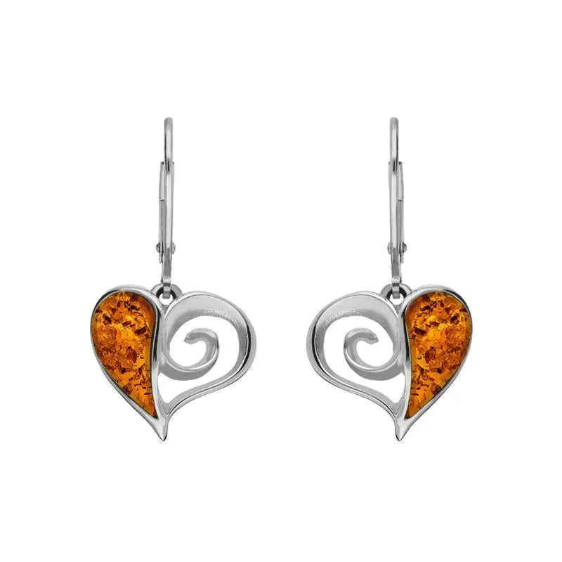 Sterling Silver Amber Heart Drop Earrings