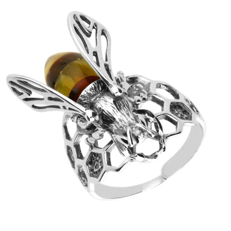 Sterling Silver Amber Honeycomb Bee Ring