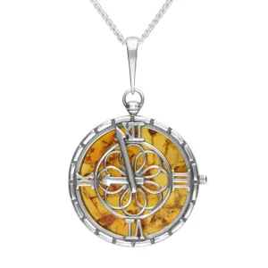 Sterling Silver Amber Large Round Clock Necklace