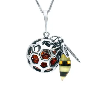 Sterling Silver Amber Medium Bee Honeycomb Ball Necklace